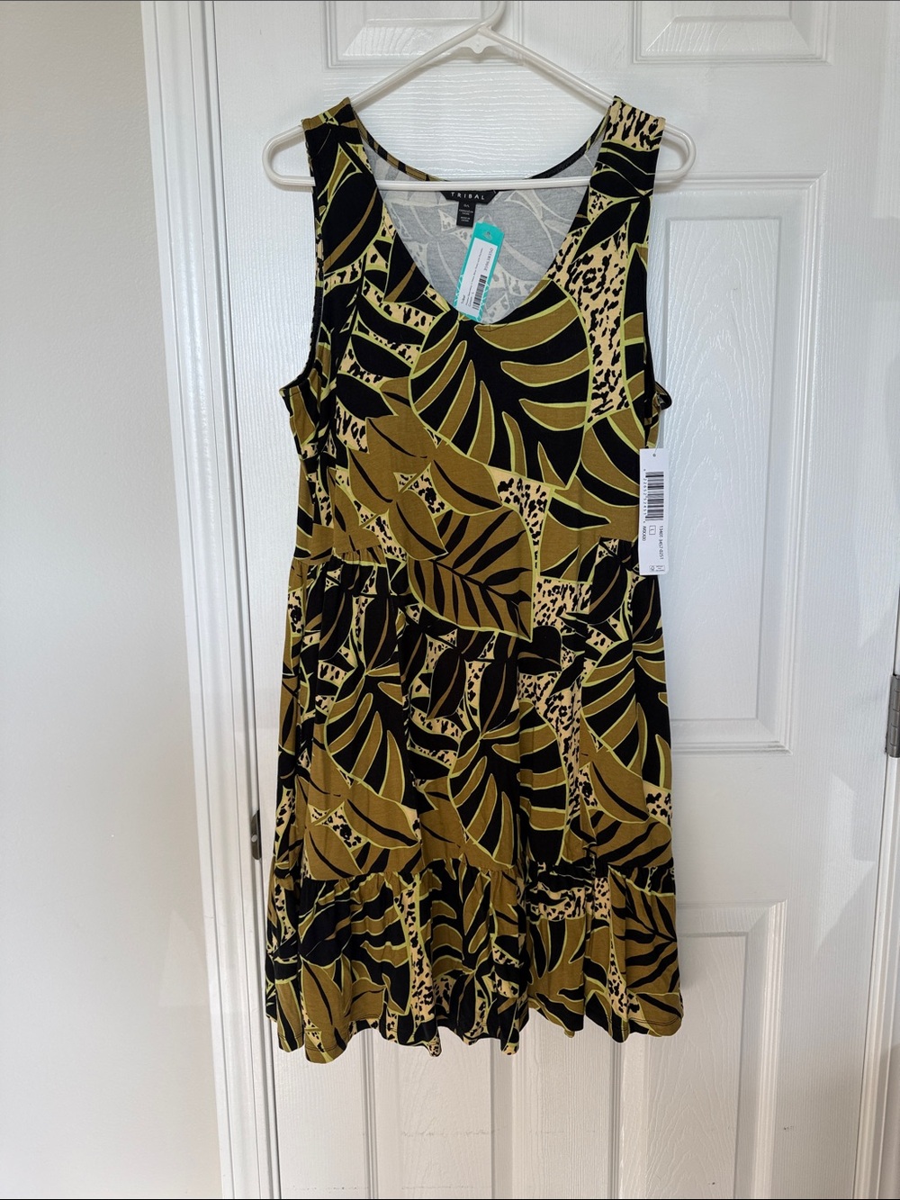 Tribal Olive and Black Leaf-Print Sleeveless Mini Dress NWT Sz L Pockets Tiered